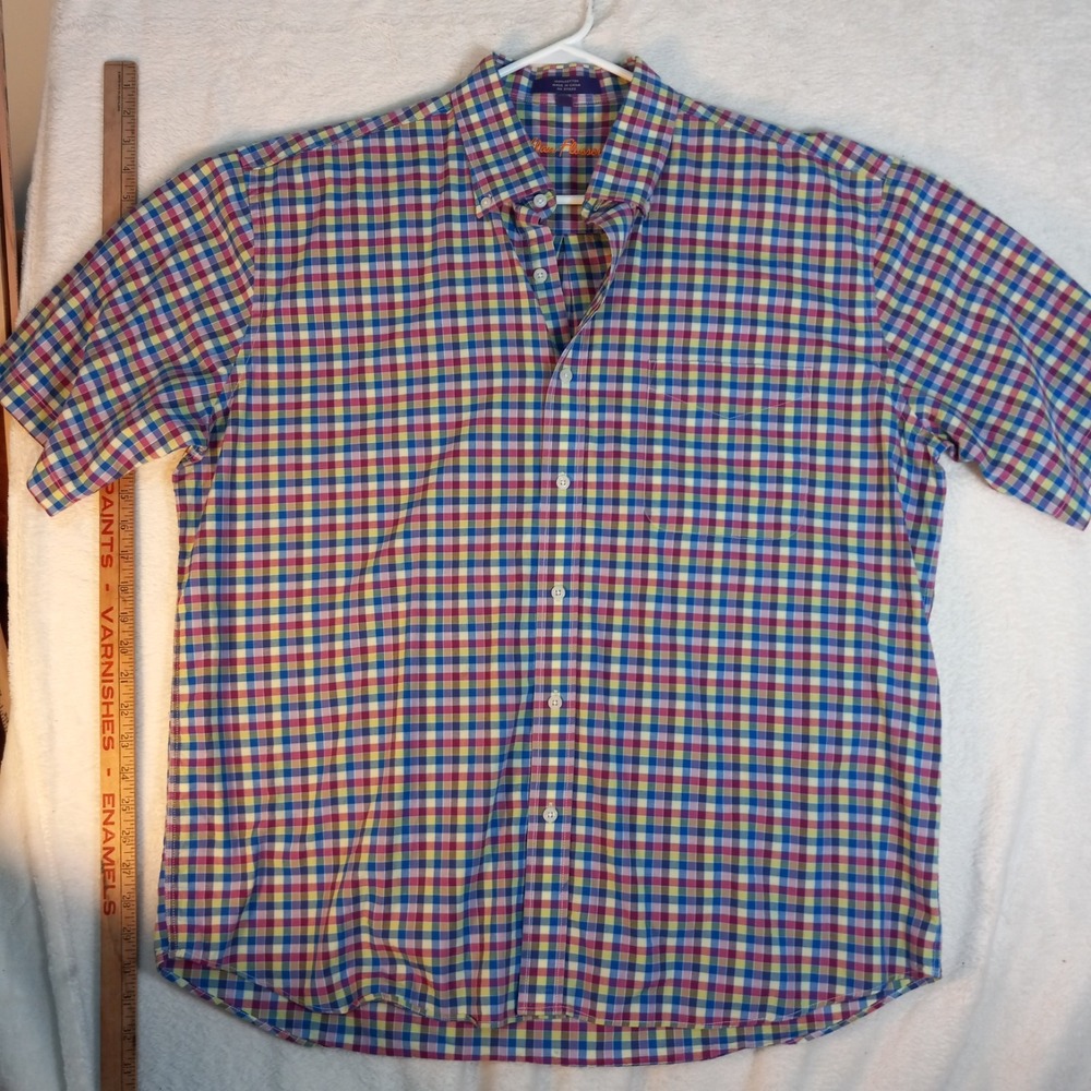 Alan Flusser Cotton Shirt Size XL Plaid Multicolor Button-Down Short Sleeve